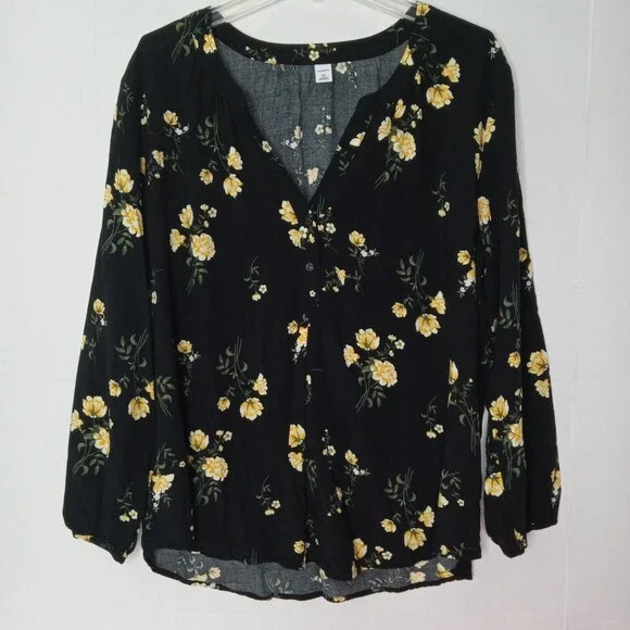 Old Navy XXL Top Black Yellow Floral Print Popover Shirt - Picture 1 of 13